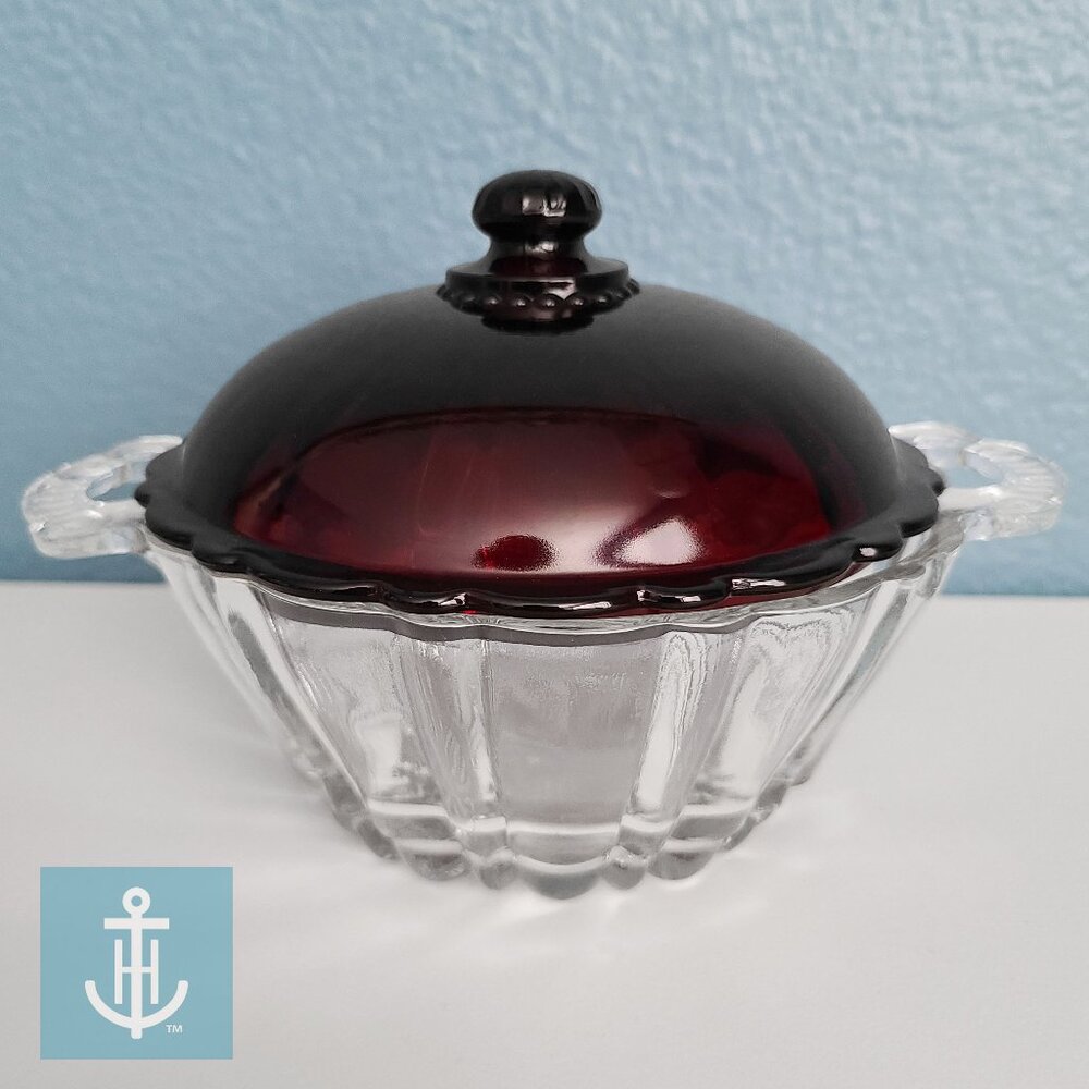 ANCHOR HOCKING ~ “Old Café” Covered Candy Dish ~ Clear & Ruby Red